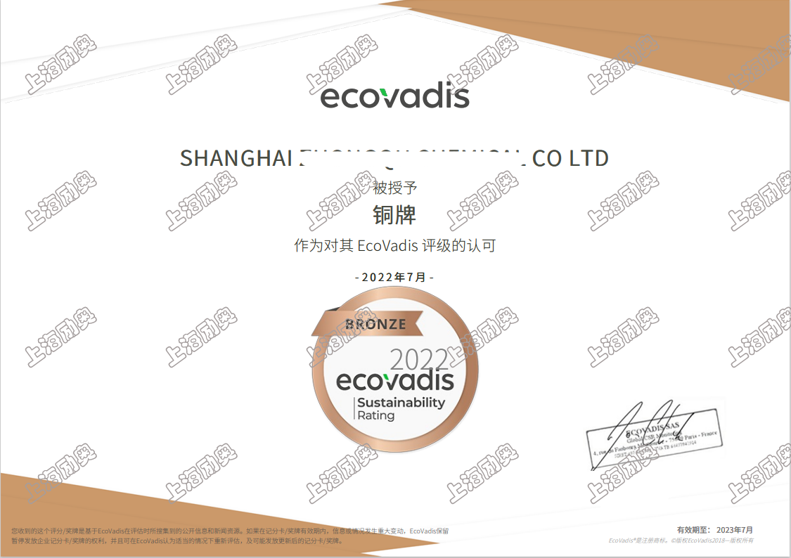 ecovadis铜牌证书